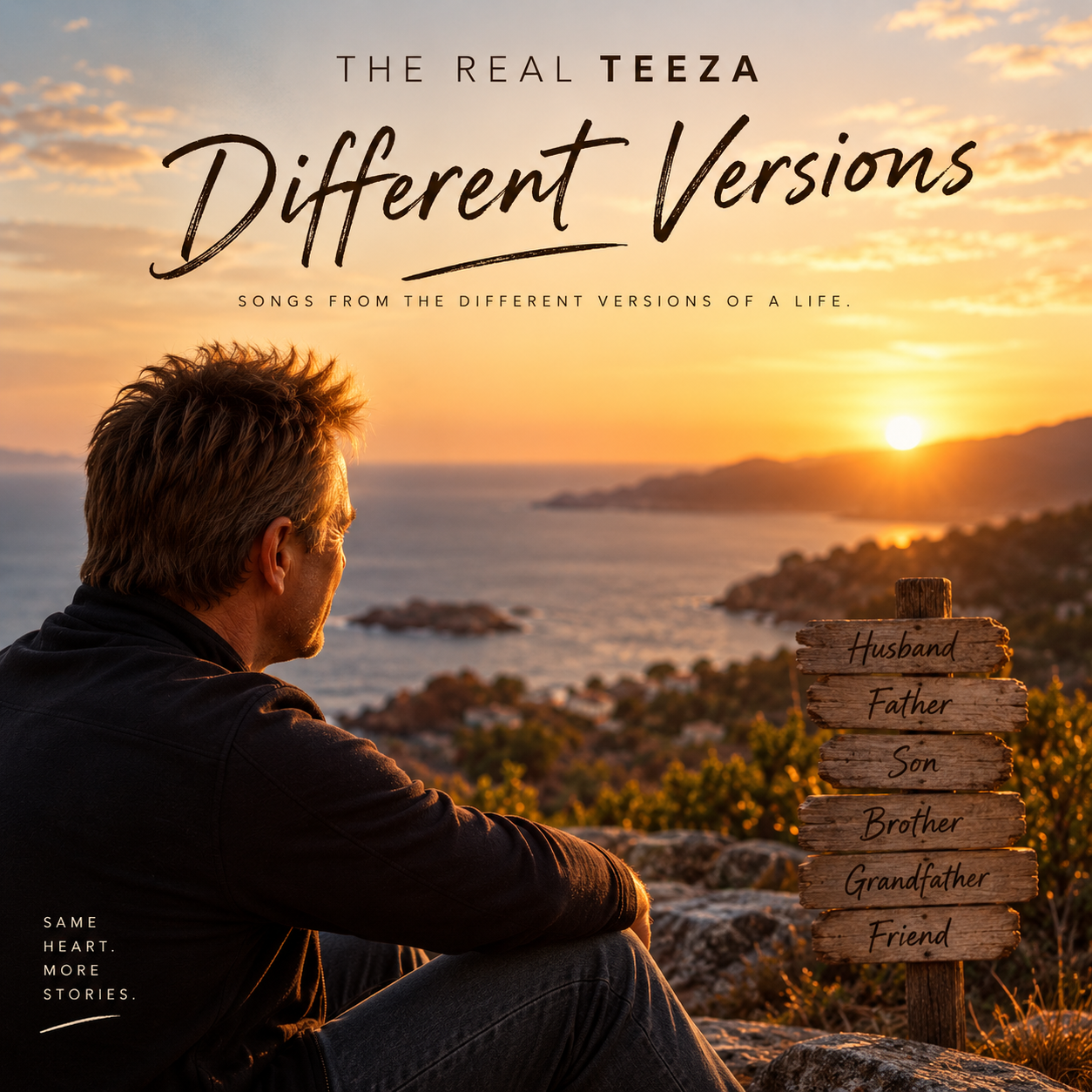 Different Versions album cover: a man overlooking a coastal sunset beside a signpost naming the roles in his life